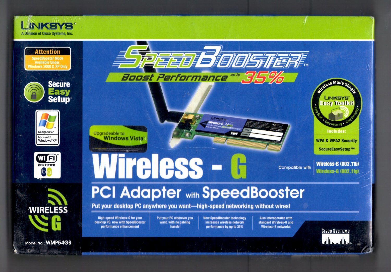 Linksys WMP54GS Wireless-G PCI Adapter with SpeedBooster - 802.11b - 802.11g New, sealed